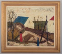 Peder Brøndum Sørensen. Öl auf Karton. Landschaft mit Figuren und Häusern