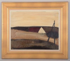 Peder Brøndum Sørensen. Oil on board. Modernist landscape with house and fields