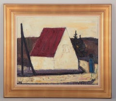 Peder Brøndum Sørensen. Oil on board. Modernist motif with a figure by a house.