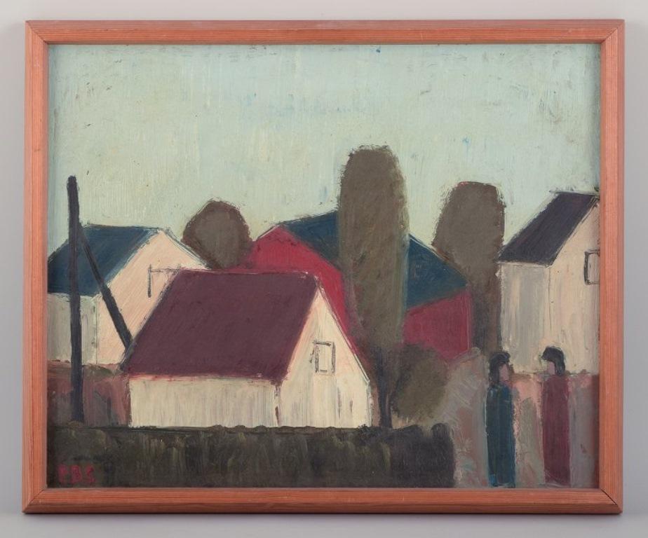 Peder Brøndum Sørensen (1931-2003), Danish painter.
Oil on board.
Modernist village view.
1970s.
Signed PBS.
In perfect condition.
Dimensions: 50 cm x 40 cm.
Total with frame: 54.5 cm x 44.5 cm.