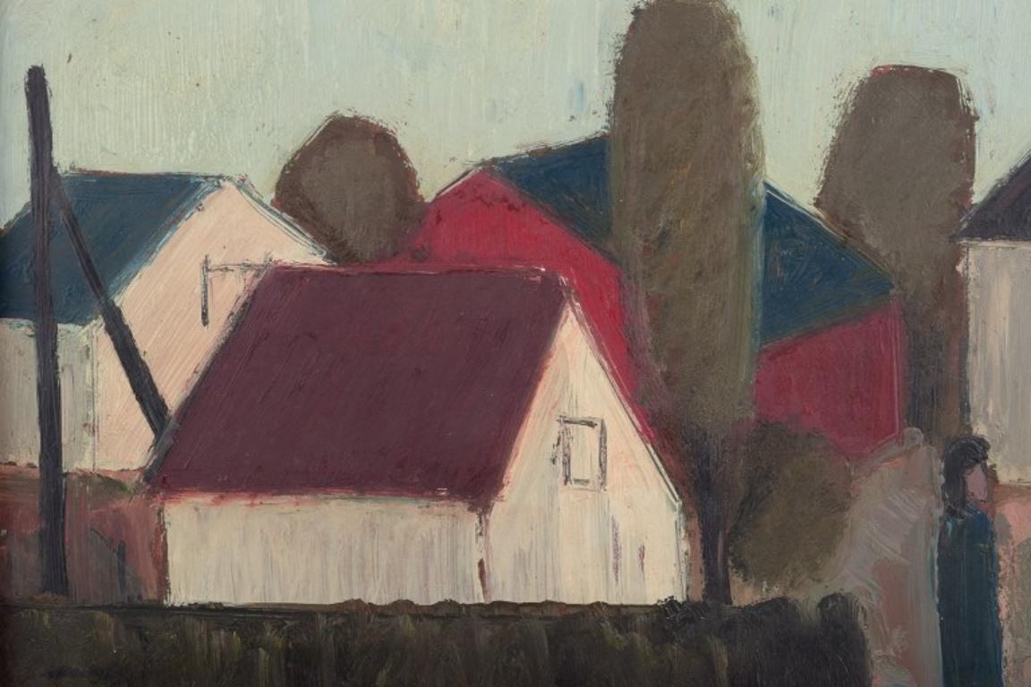 Danish Peder Brøndum Sørensen. Oil on board. Modernist village view, 1970s For Sale