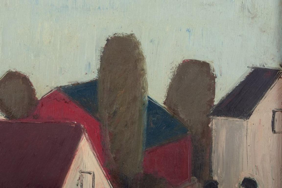 Peder Brøndum Sørensen. Oil on board. Modernist village view, 1970s In Excellent Condition For Sale In Copenhagen, DK