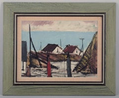 Peder Brøndum Sørensen. Öl auf Leinwand. "Figuren und Häuser am Meer".