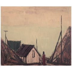 Peder Brøndum Sørensen. Oil on canvas. "Houses by the Sea". 1971.
