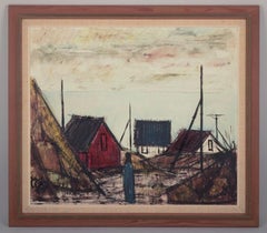 Peder Brøndum Sørensen. Olio su tela. "Case sul mare". Motivo modernista.