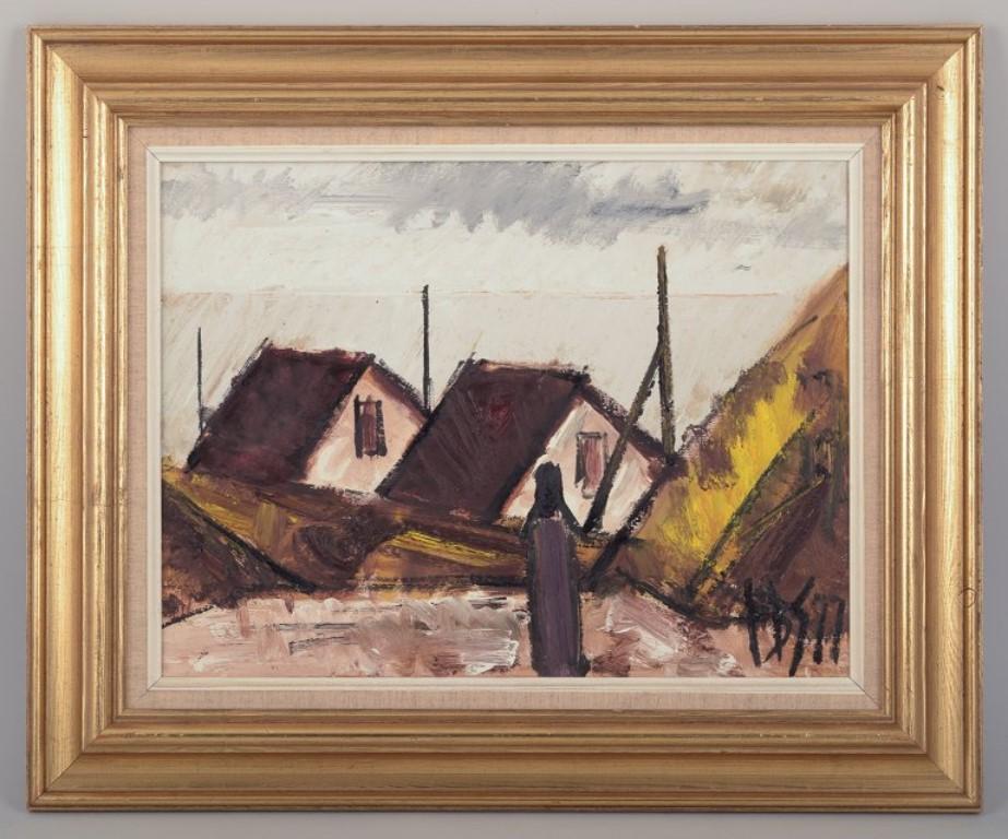 Peder Brøndum Sørensen (1931-2003), dänischer Maler.
Öl auf Leinwand.
Modernistische Dorfansicht mit dem Meer im Hintergrund.
1977.
Unterschrieben.
In perfektem Zustand.
Abmessungen: 41 cm x 31 cm.
Total mit Rahmen: 56 cm x 46 cm.