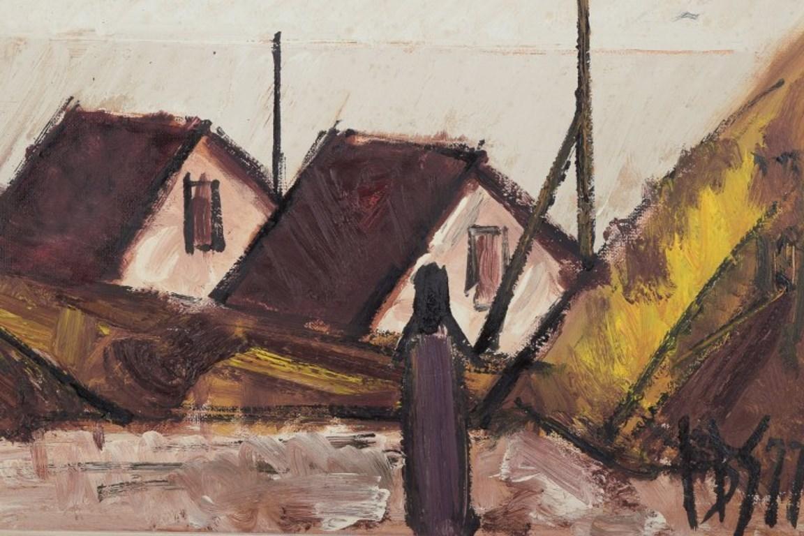 Peder Brøndum Sørensen. Öl auf Leinwand. Modernistische Dorfansicht, 1977 (Moderne) im Angebot