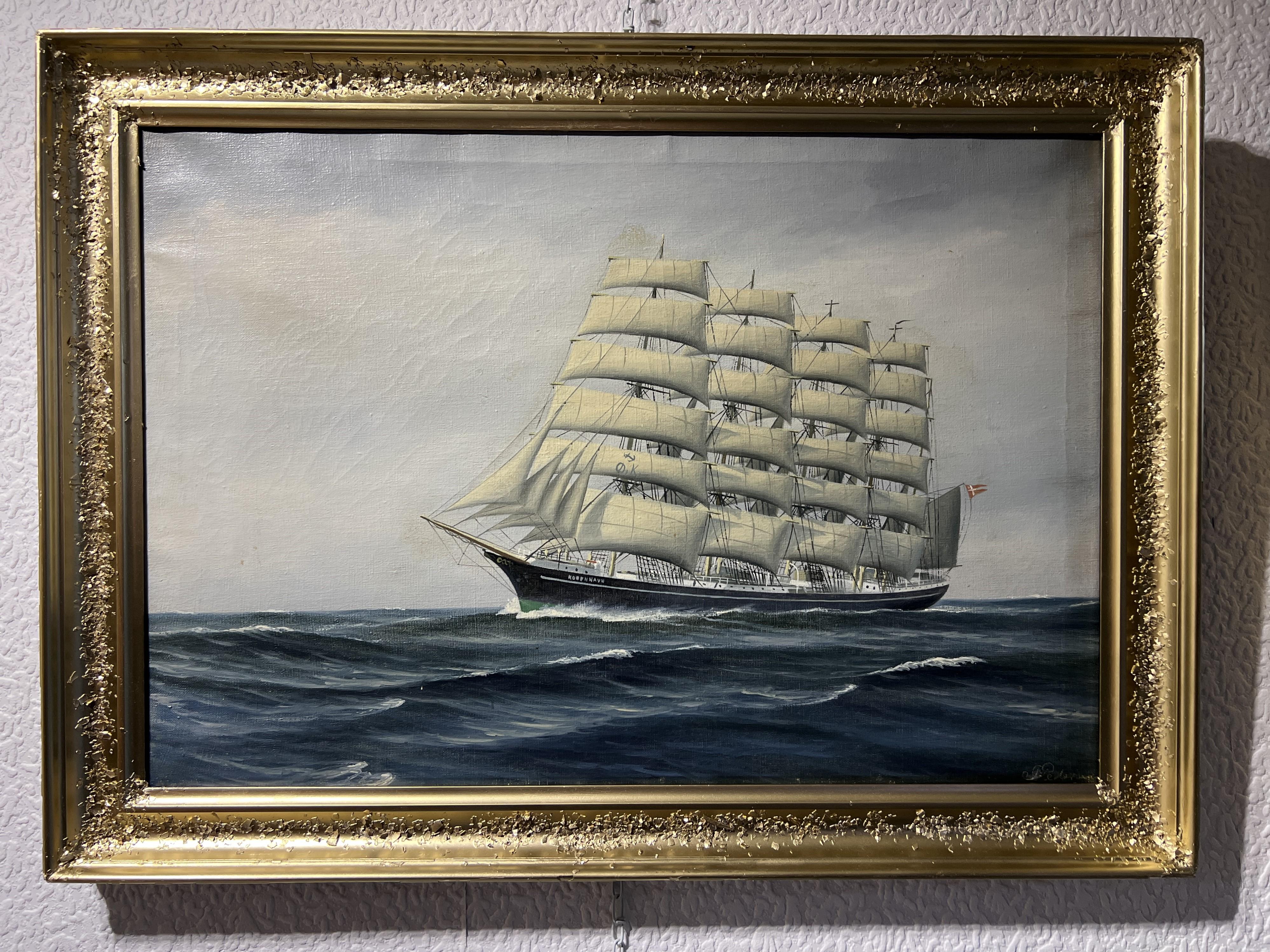 Danish Artist Peder Chr. Pedersen 1870-1950 Antique Oil painting Ship KOBENHAVN 1