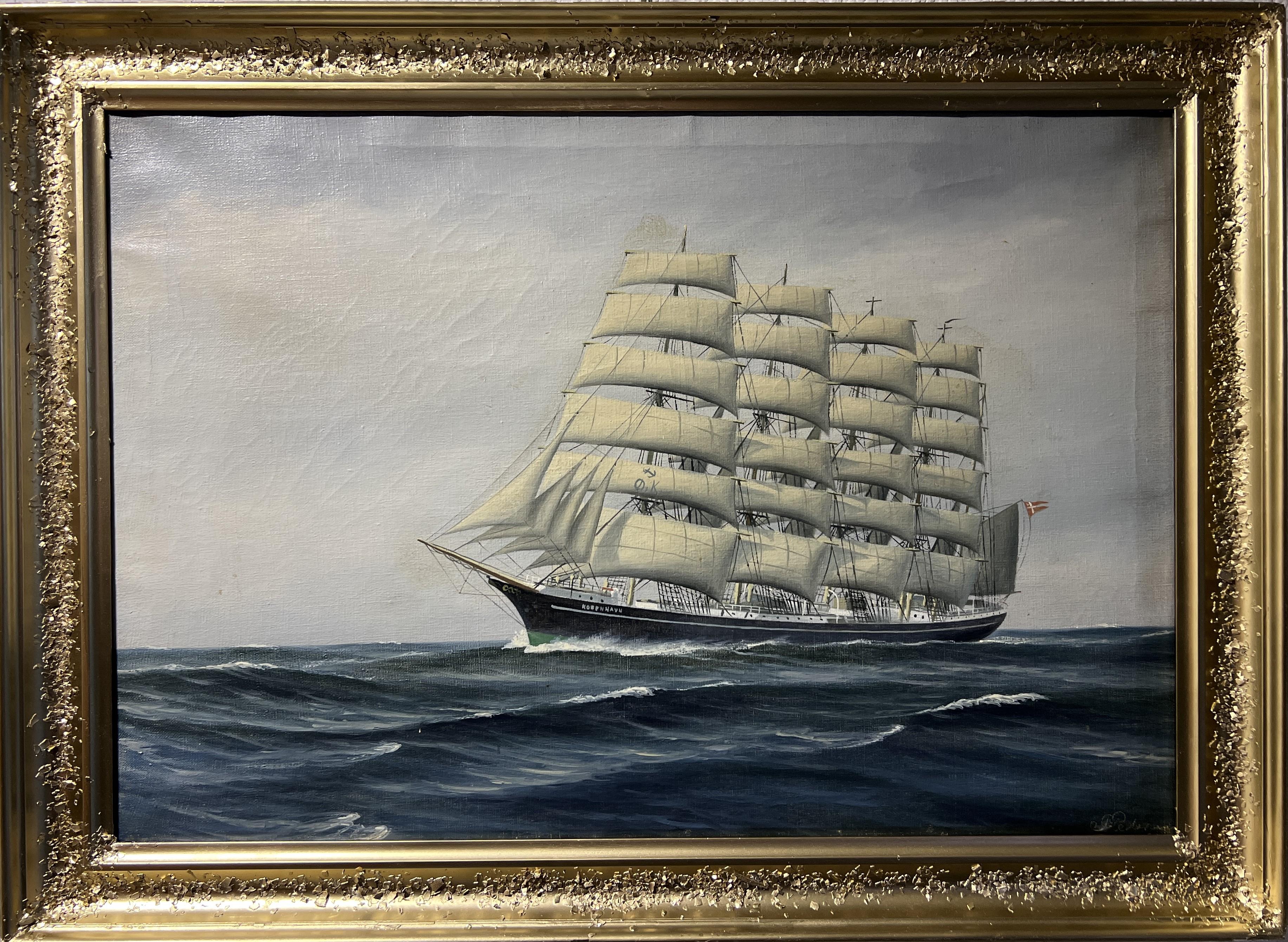     This is an original  Danish oil painting on canvas depicting a BARQUE SHIP KOBENHAVN. 

Signed in the lower-right corner P.Pedersen. Varnished. Painting with surface grime and a few spots of soiling. Please see the photos.

Presented in a golden