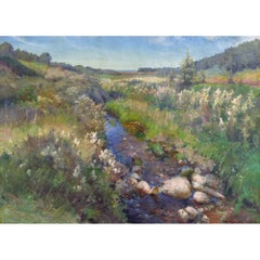 Paysage de prairie avec ruisseau et vue lointaine sur la mer, peinture à l'huile du 20e siècle