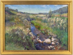 Paysage de prairie avec ruisseau et vue lointaine sur la mer, peinture à l'huile du 20e siècle