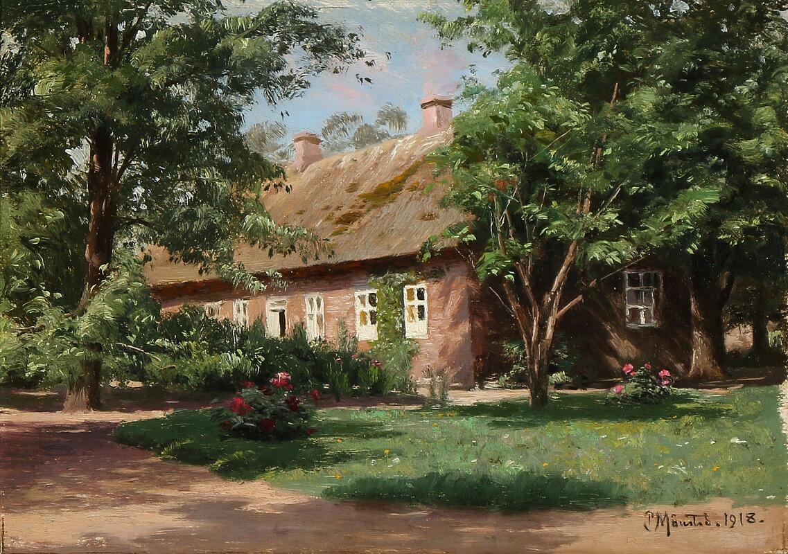 Early 20th Century Peder Mønsted: a Thatched House Among Tall Green Trees, 1918, Denmark