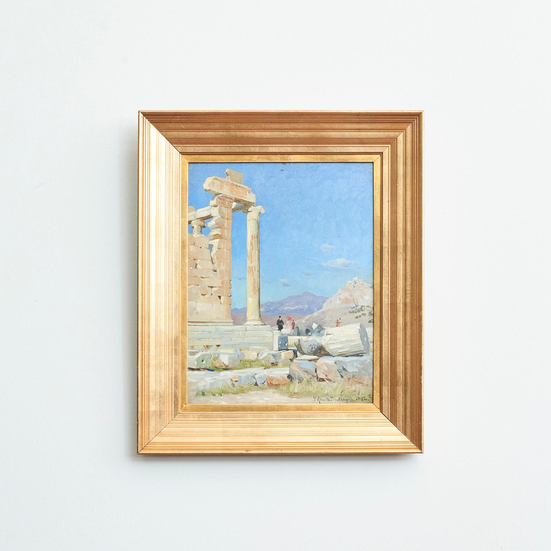 Peder Mønsted (Danish painter, b. 1859, d. 1941).
Motif of Acropolis (Athens). Signed: P. Mønsted, Akropolis 1892.
Oil on cardboard. An atmospheric and charming little picture.


Measures: Painting H 34 cm, W 26 cm
Incl. frame H 47.5 cm, W