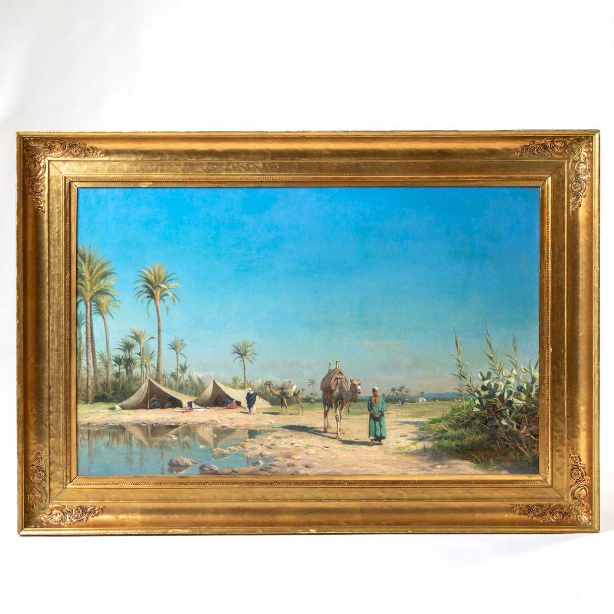 Peder Mønsted, 1859-1941

Dieses stimmungsvolle Gemälde zeigt eine ruhige nordafrikanische Oase, in der Beduinen und Kamele unter hoch aufragenden Palmen versammelt sind. Die mit Mønsteds unverkennbarer Liebe zum Detail, zum Licht und zur Atmosphäre