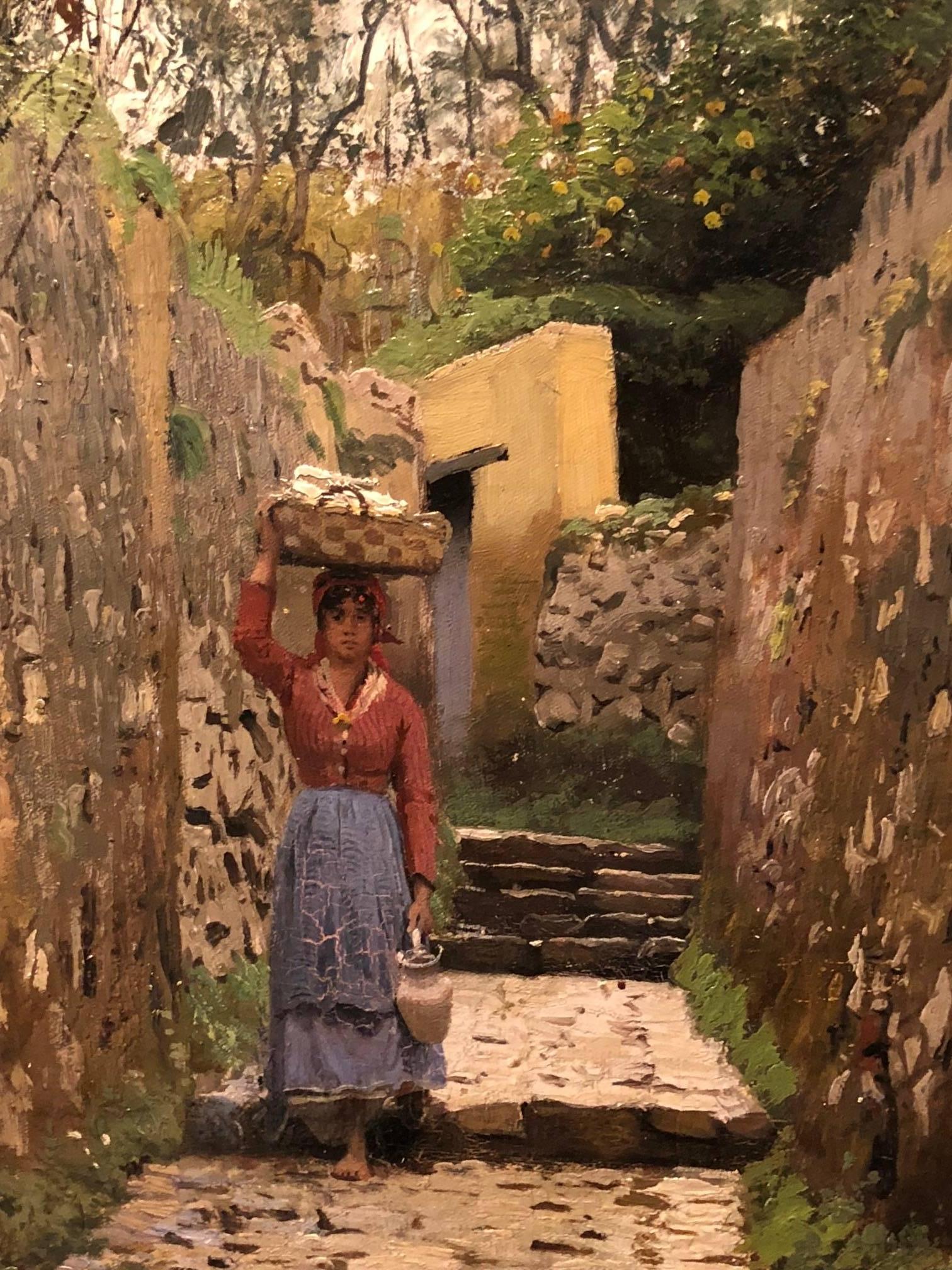 Lady on narrow street, Capri, 1883. Oil on canvas measure: 49 x 37 cm. Beautiful depiction of life in Capri, late 19th century. Great depth, colors.