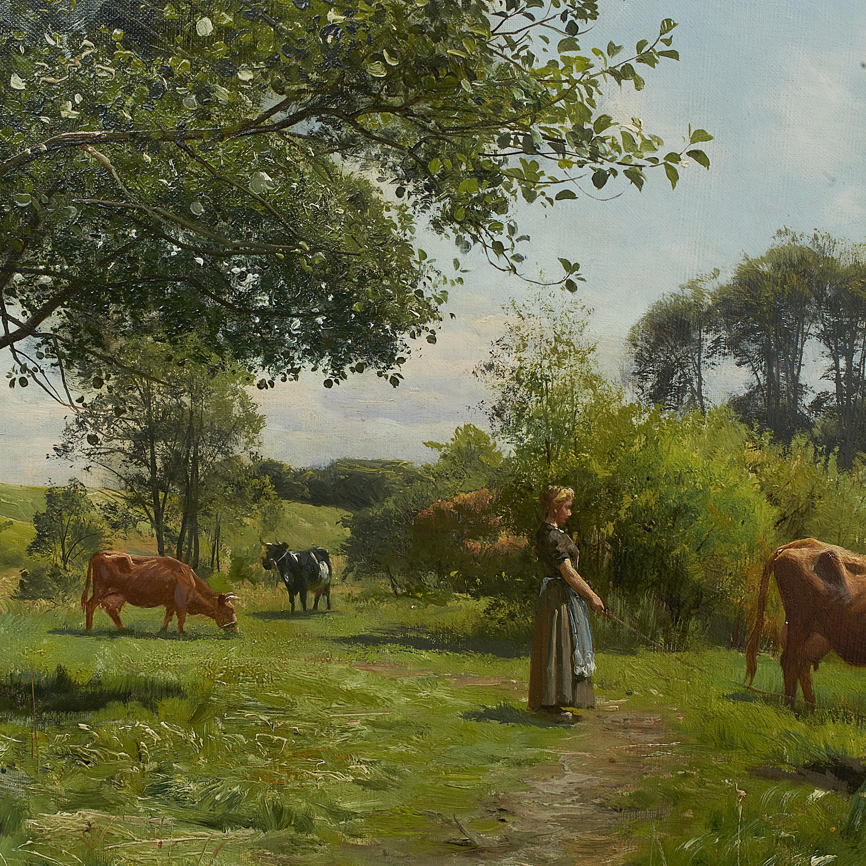 Danish Peder Monsted Painting, Landscape with Young Woman and Cows