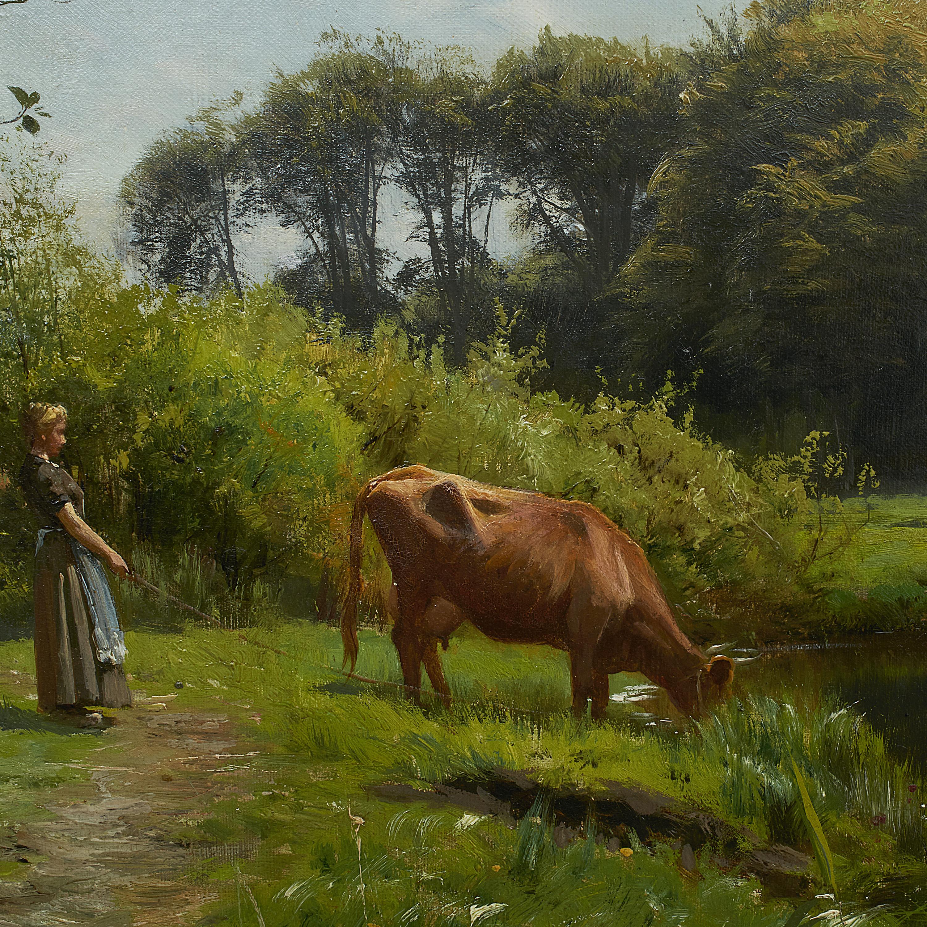 Oiled Peder Monsted Painting, Landscape with Young Woman and Cows