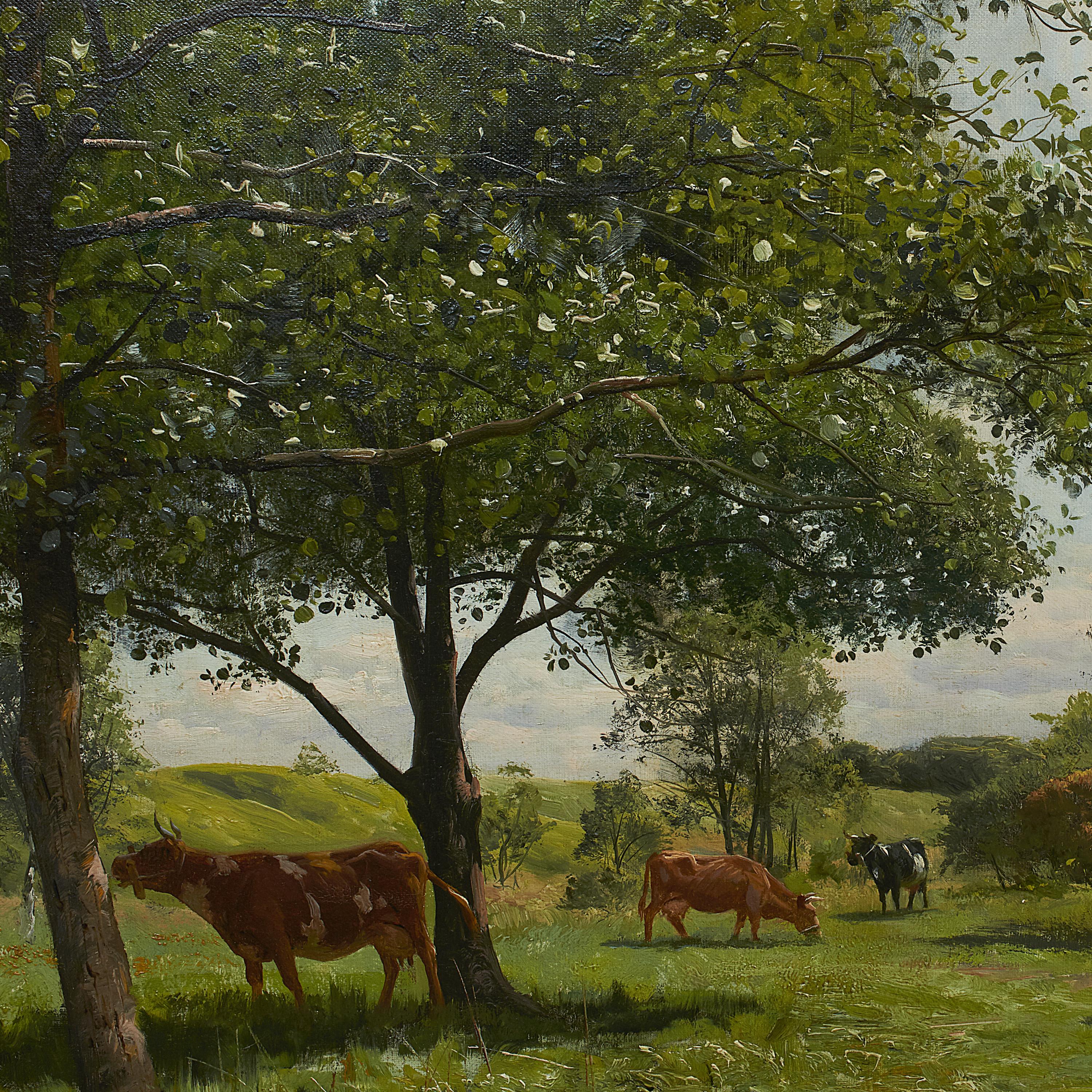 Peder Monsted Painting, Landscape with Young Woman and Cows In Good Condition In Kastrup, DK