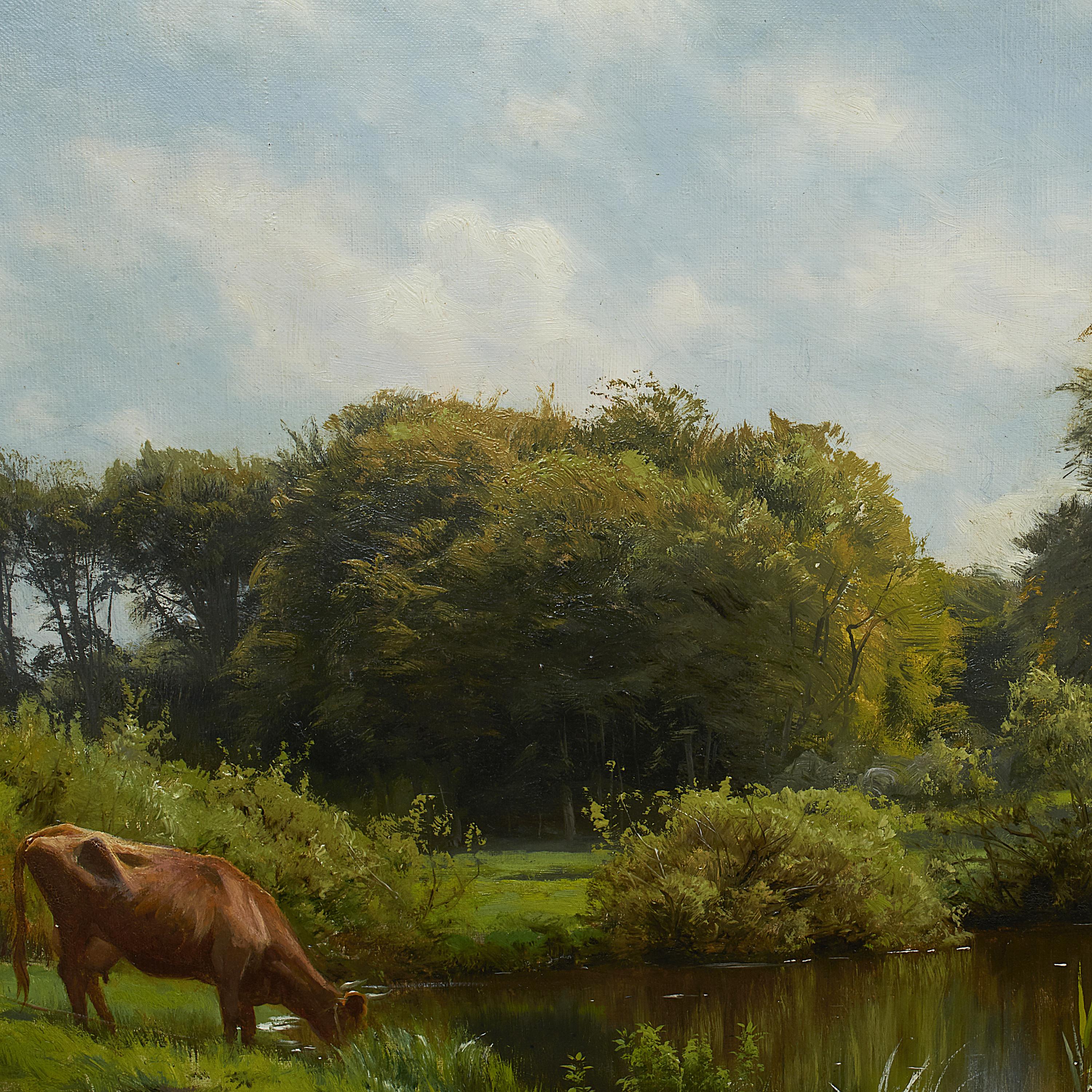 20th Century Peder Monsted Painting, Landscape with Young Woman and Cows