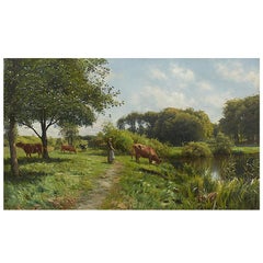 Peder Monsted Painting, Landscape with Young Woman and Cows