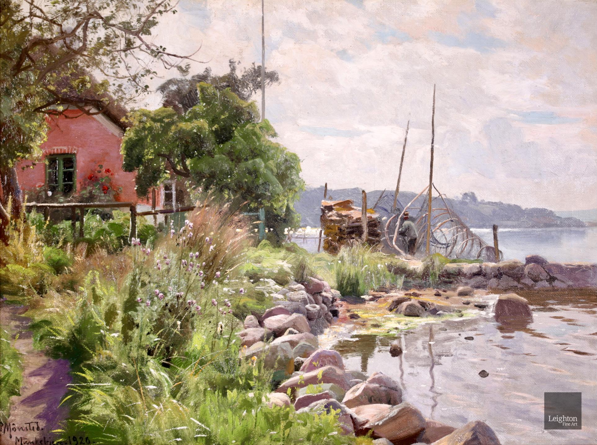 La pêche au Vejle Fjord - huile réaliste, paysage fluvial de Peder Monk Monsted - Painting de Peder Mørk Mønsted