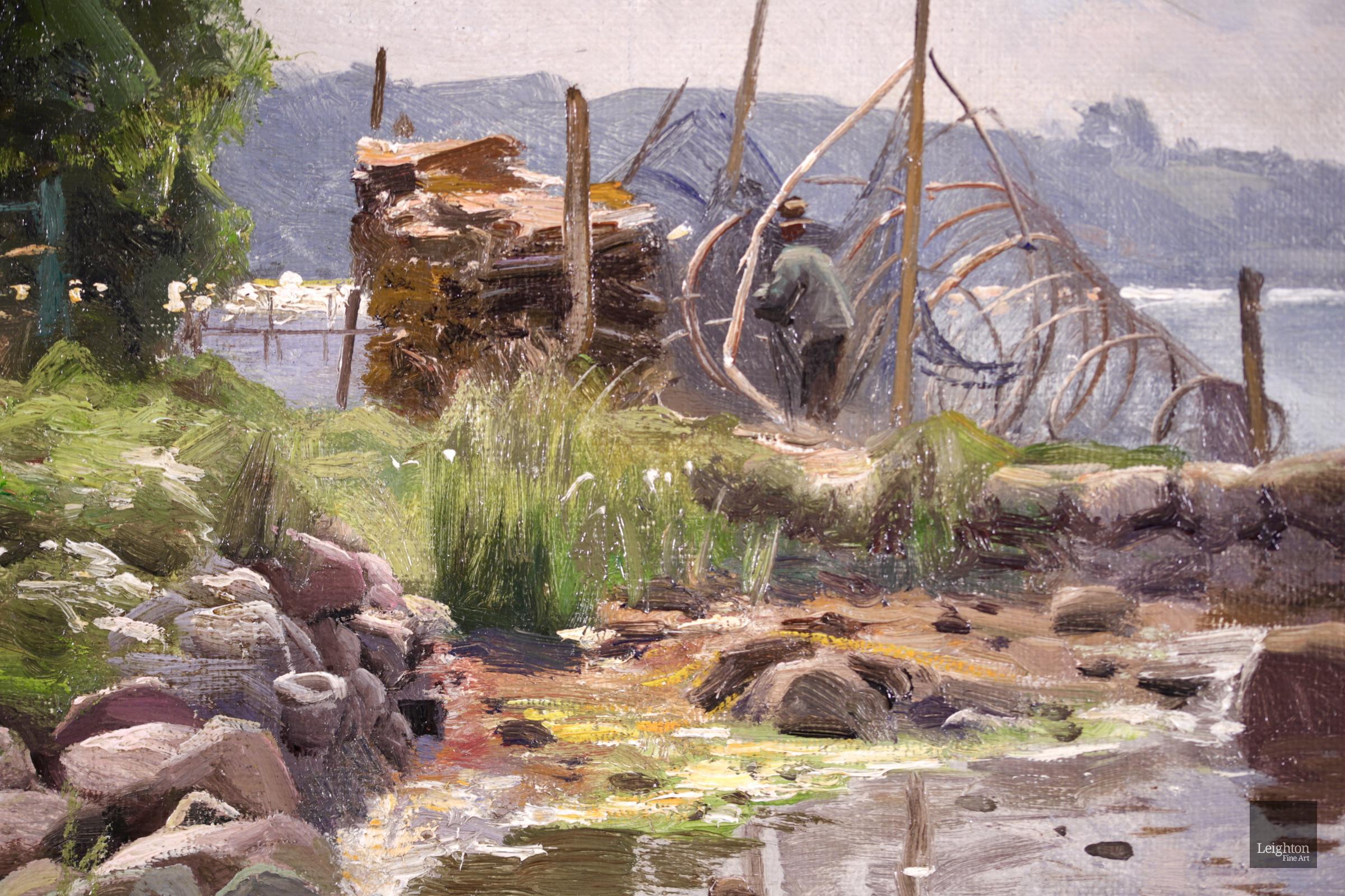 Fishing in Vejle Fjord – Realistisches Ölgemälde, Flusslandschaft von Peder Monk Monsted im Angebot 3
