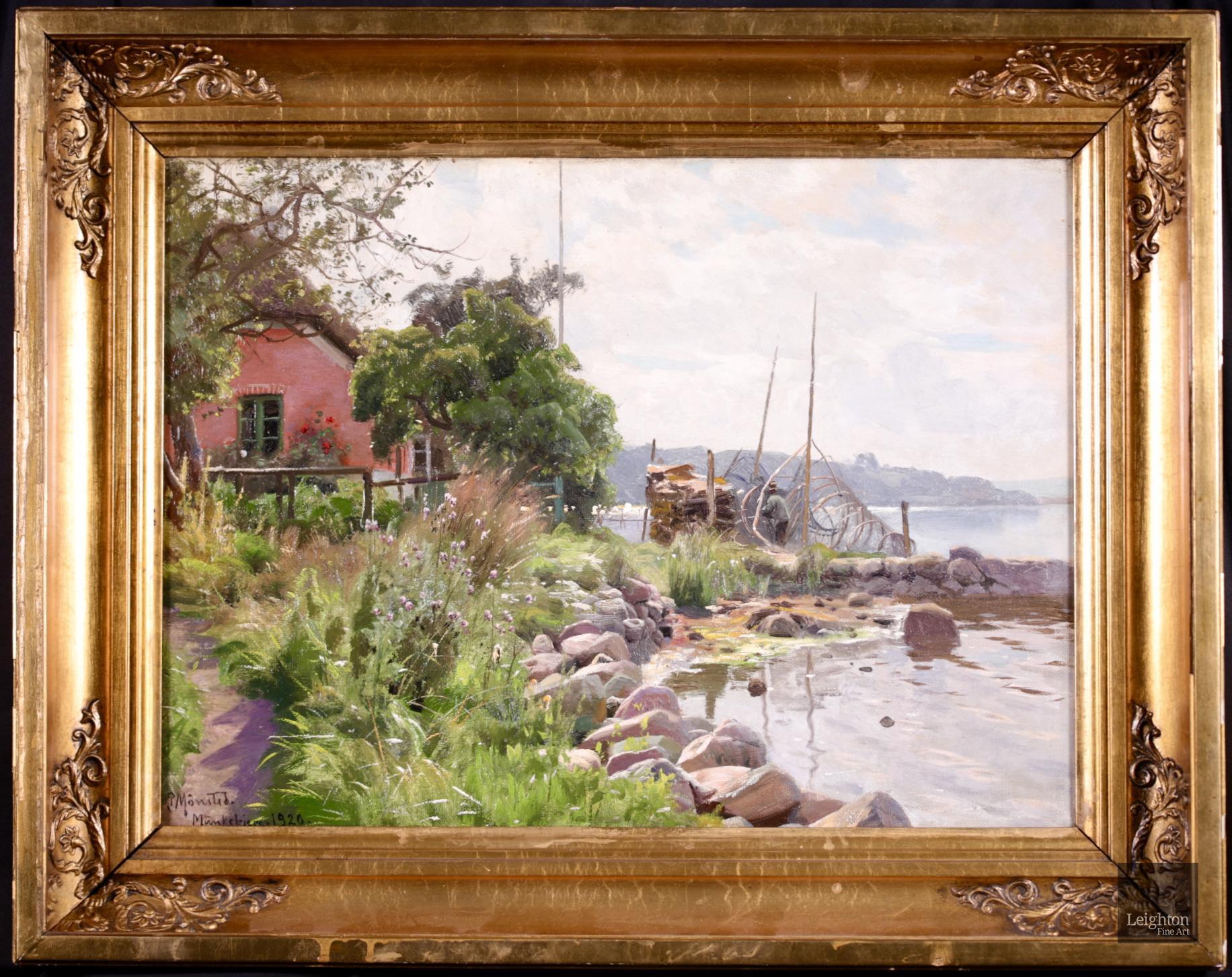 Landscape Painting Peder Mørk Mønsted - La pêche au Vejle Fjord - huile réaliste, paysage fluvial de Peder Monk Monsted