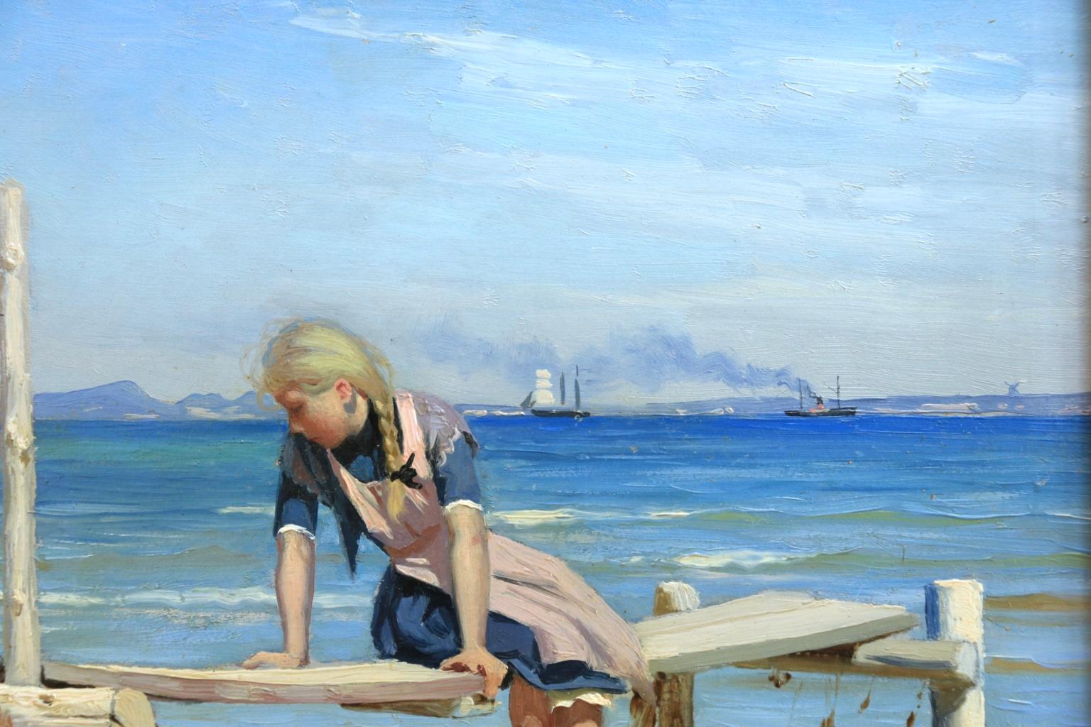 Girl on a Jetty - The Oresund at Hellebæk - Realist Oil, Seascape by PM Mønsted - Blue Figurative Painting by Peder Mørk Mønsted