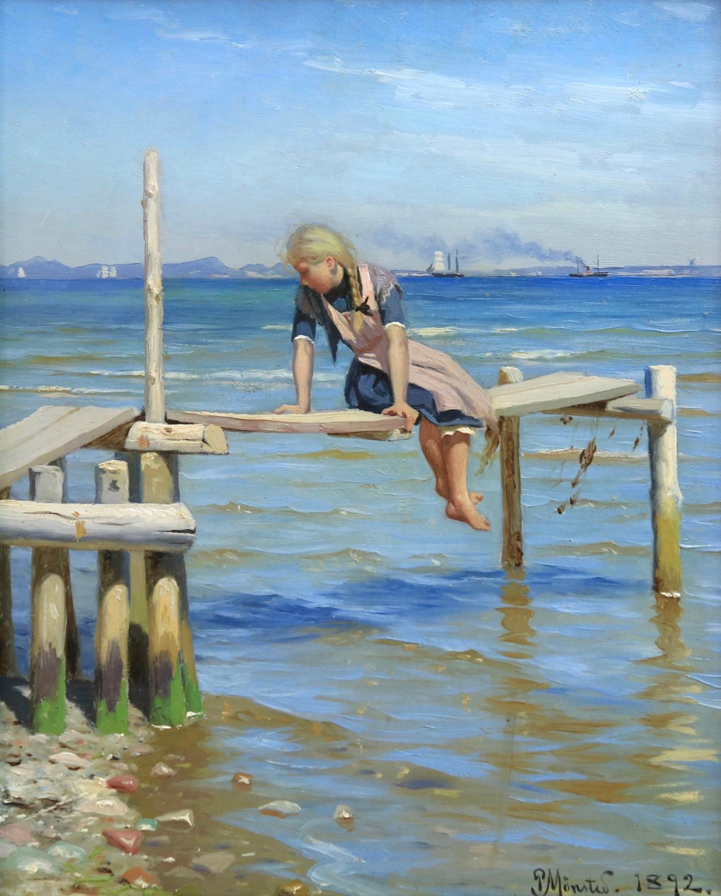 Peder Mørk Mønsted Figurative Painting - Girl on a Jetty - The Oresund at Hellebæk - Realist Oil, Seascape by PM Mønsted