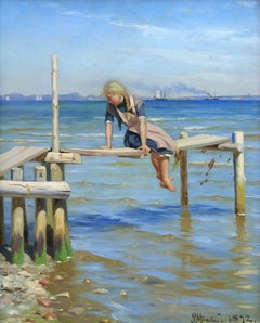 Ragazza sul molo - L'Oresund a Hellebæk - Olio realista, paesaggio marino di PM Mønsted