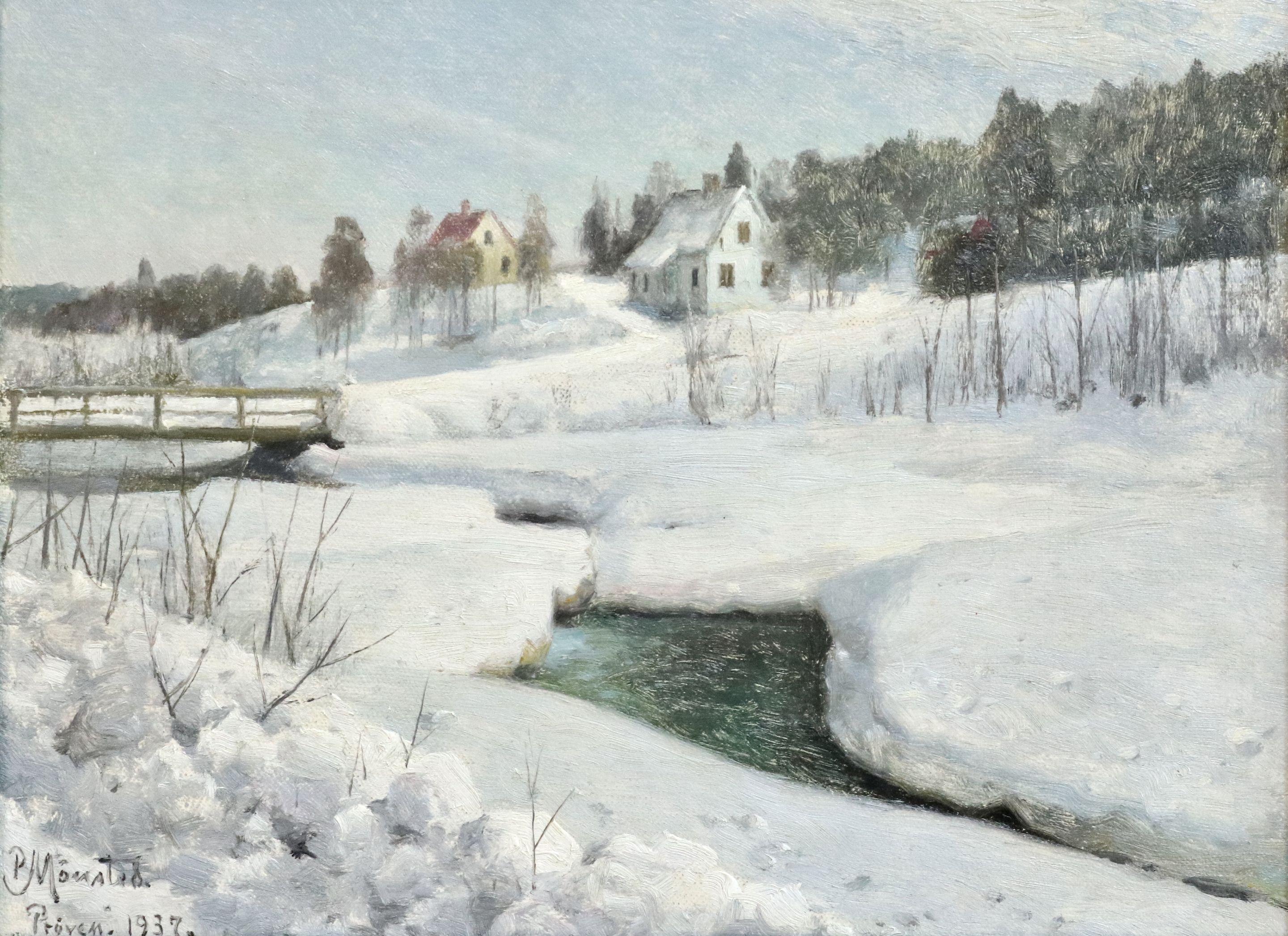 Hundselven:: Norwegen – Winter – 20. Jahrhundert Öl:: Schneelandschaft von Peder Monsted (Realismus), Painting, von Peder Mørk Mønsted