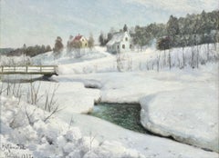 Hundselven, Norway - Winter - 20th Century Oil, Snow Landscape by Peder Monsted