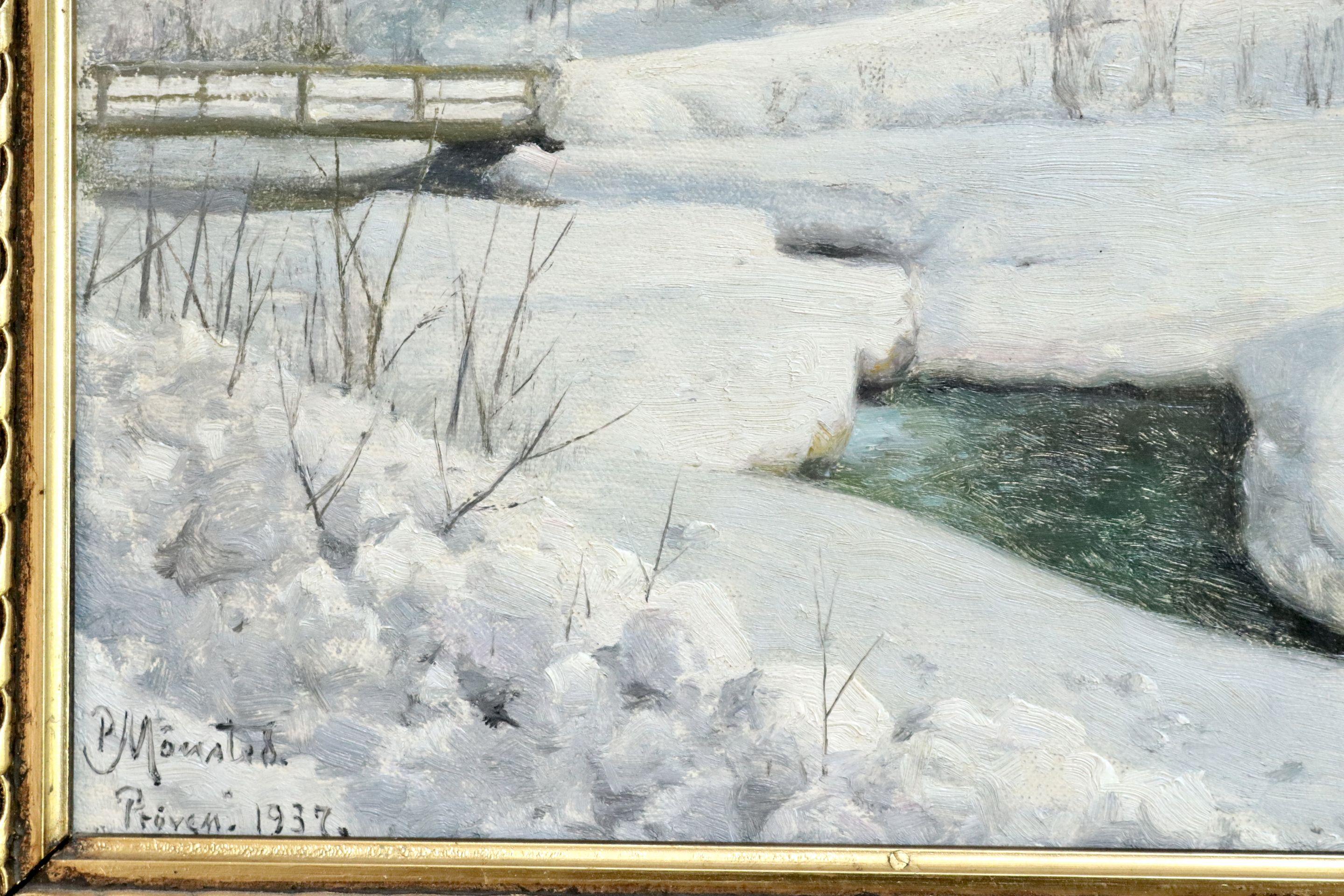 Hundselven, Norway - Winter - 20th Century Oil, Snow Landscape by Peder Monsted - Realist Painting by Peder Mørk Mønsted