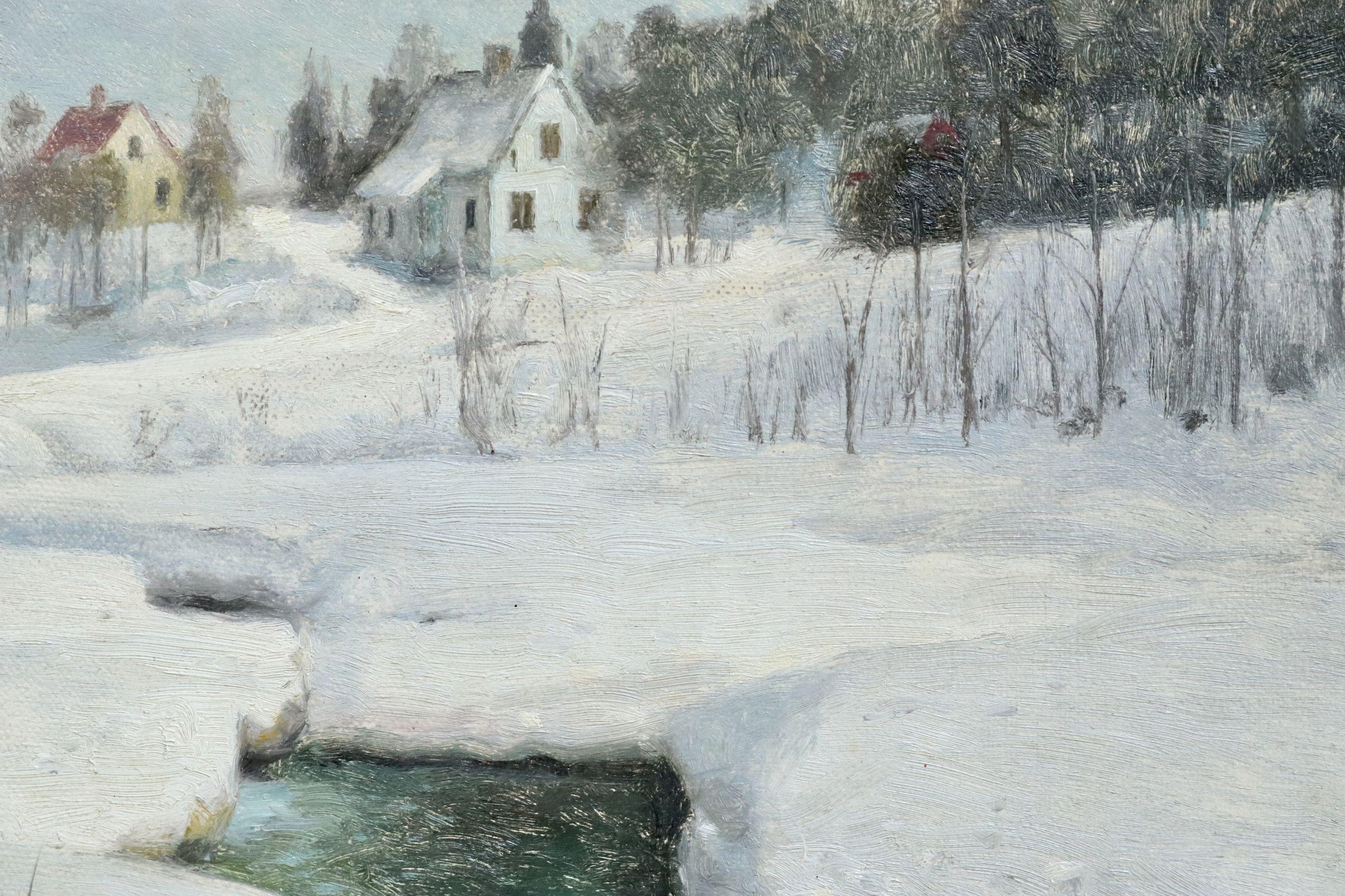 Hundselven, Norway - Winter - 20th Century Oil, Snow Landscape by Peder Monsted 1