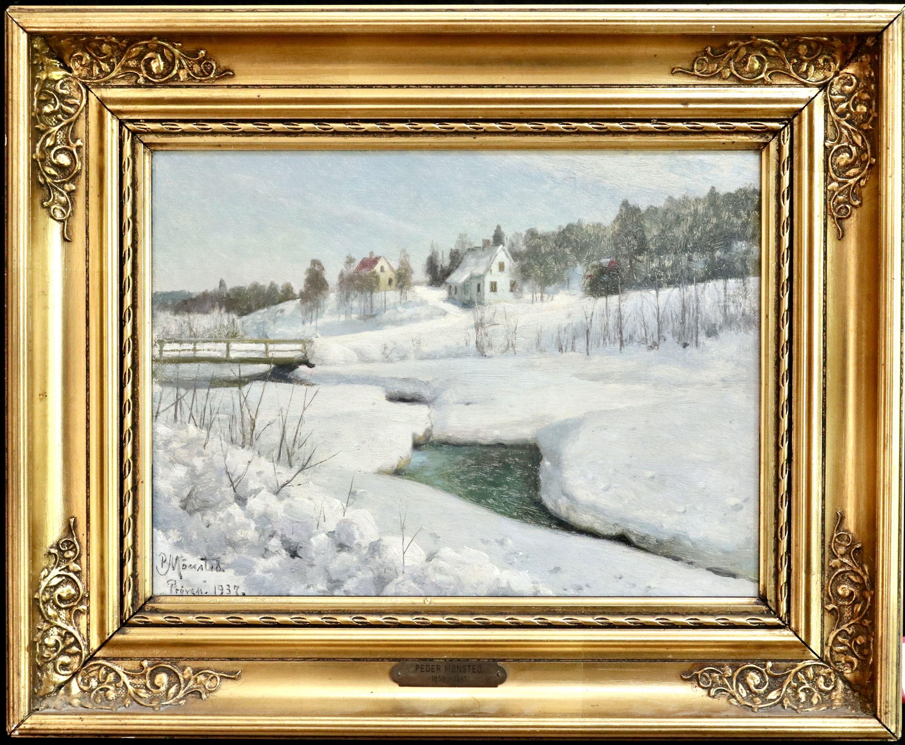 Hundselven, Norway - Winter - 20th Century Oil, Snow Landscape by Peder Monsted - Painting by Peder Mørk Mønsted