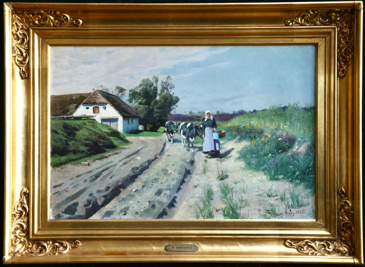 Milking Time-Saeby, Jutland - Realist Oil, Cattle in Summer Landscape by Mønsted - Painting by Peder Mørk Mønsted