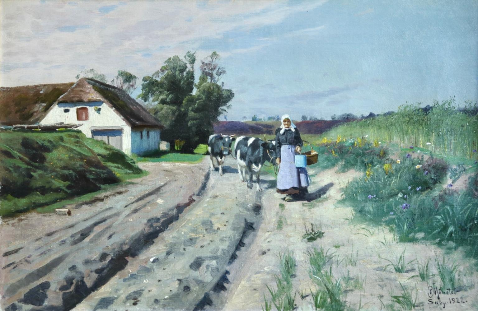 Peder Mørk Mønsted Animal Painting - Milking Time-Saeby, Jutland - Realist Oil, Cattle in Summer Landscape by Mønsted
