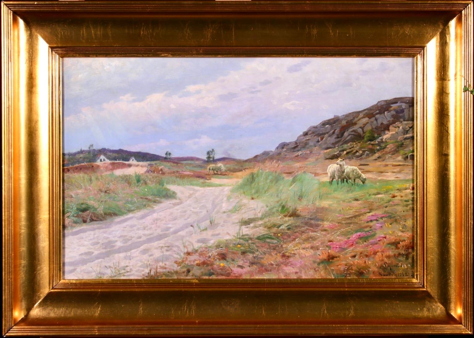 Sandvig, Bornholm - 1921 - Realist Oil, Cattle in Summer Landscape by PM Monsted - Painting by Peder Mørk Mønsted