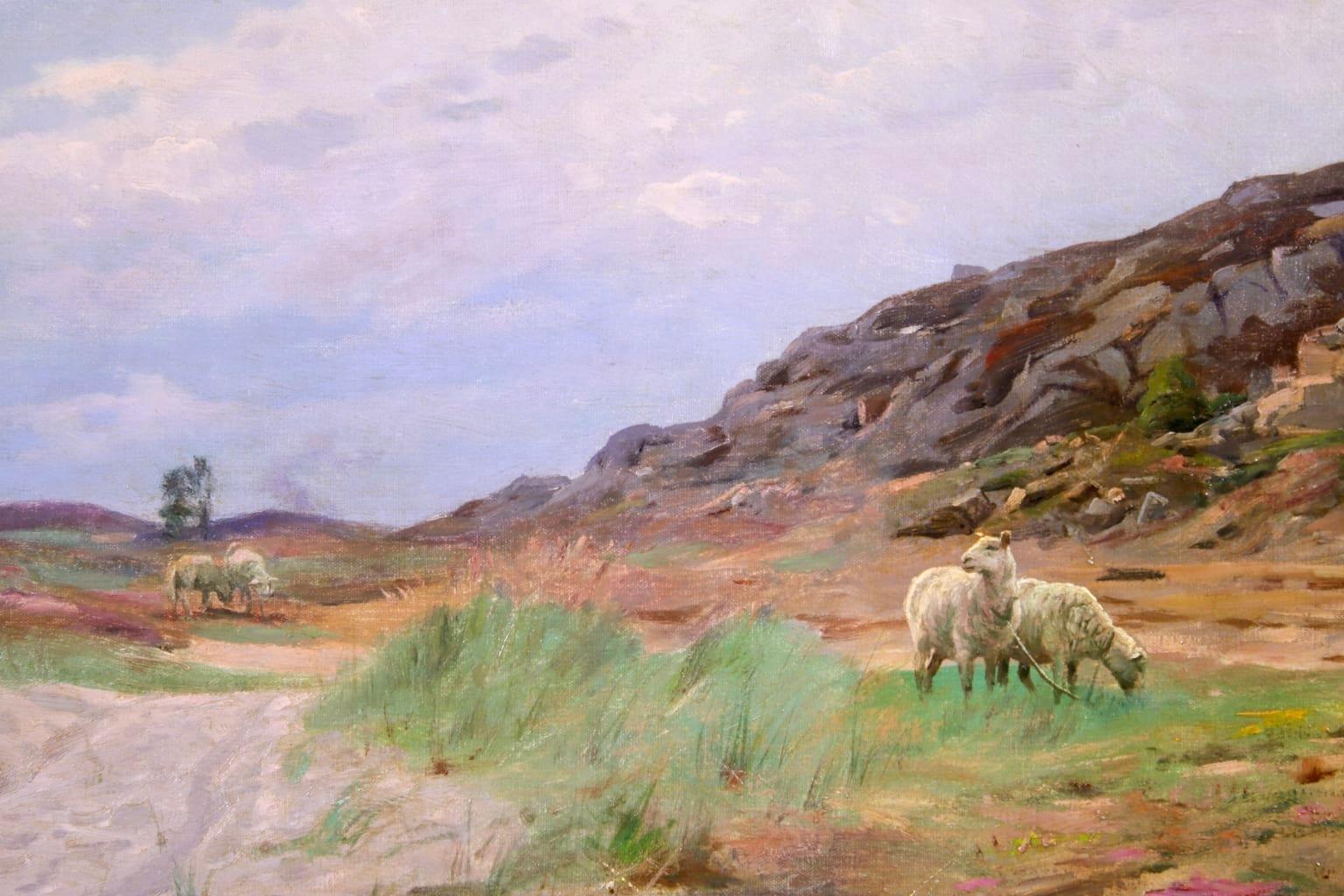 Sandvig, Bornholm - 1921 - Realistisches Ölgemälde, Rinder in Sommerlandschaft von PM Monsted (Beige), Landscape Painting, von Peder Mørk Mønsted