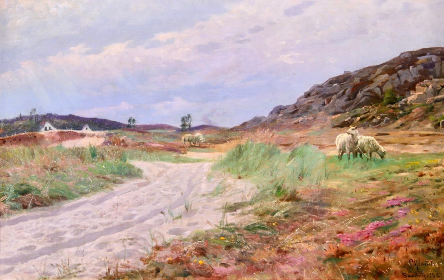 Peder Mørk Mønsted Landscape Painting - Sandvig, Bornholm - 1921 - Realist Oil, Cattle in Summer Landscape by PM Monsted