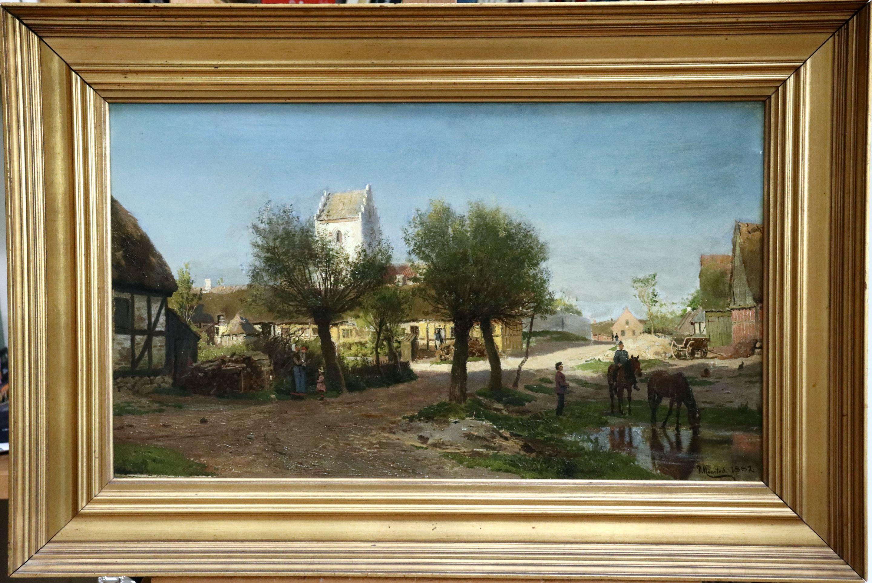 Summer Afternoon in the Village-Aarhus Region - 19th Century Landscape - Monsted - Painting by Peder Mørk Mønsted