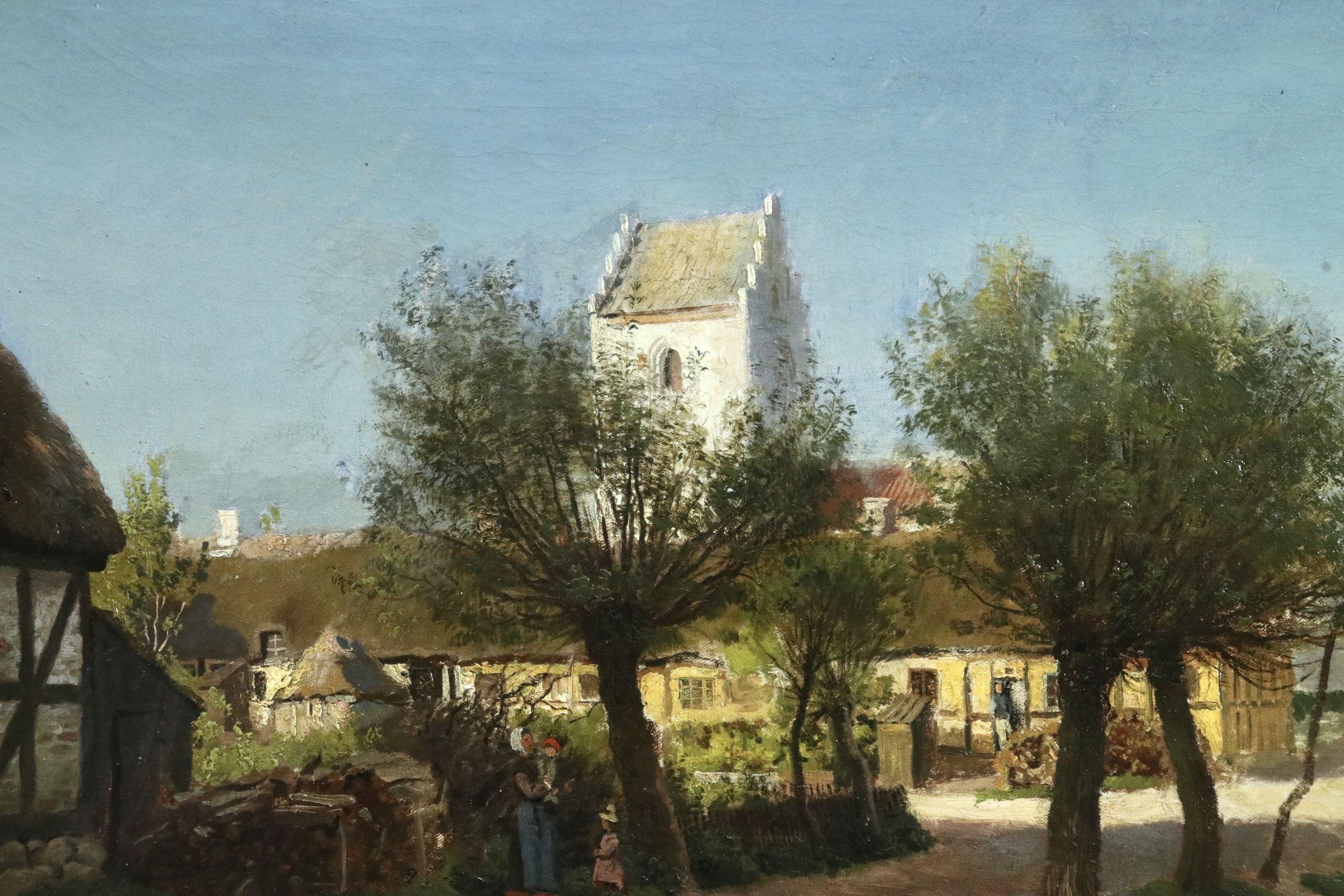 Summer Afternoon in the Village-Aarhus Region - 19th Century Landscape - Monsted - Realist Painting by Peder Mørk Mønsted