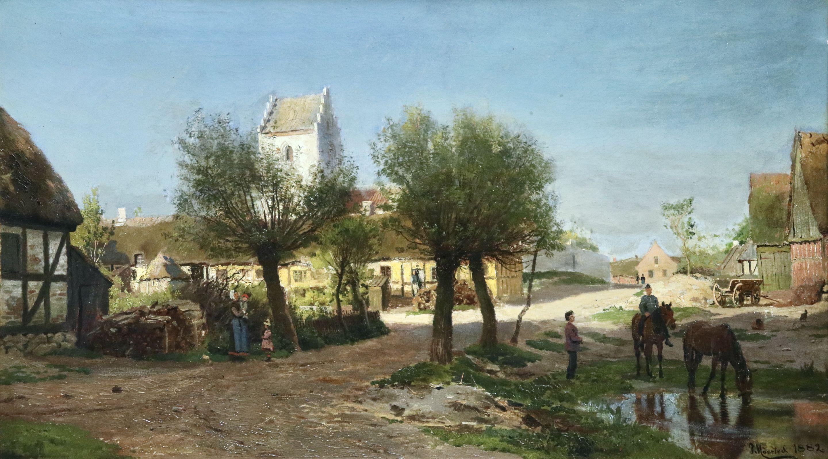 Peder Mørk Mønsted Landscape Painting - Summer Afternoon in the Village-Aarhus Region - 19th Century Landscape - Monsted