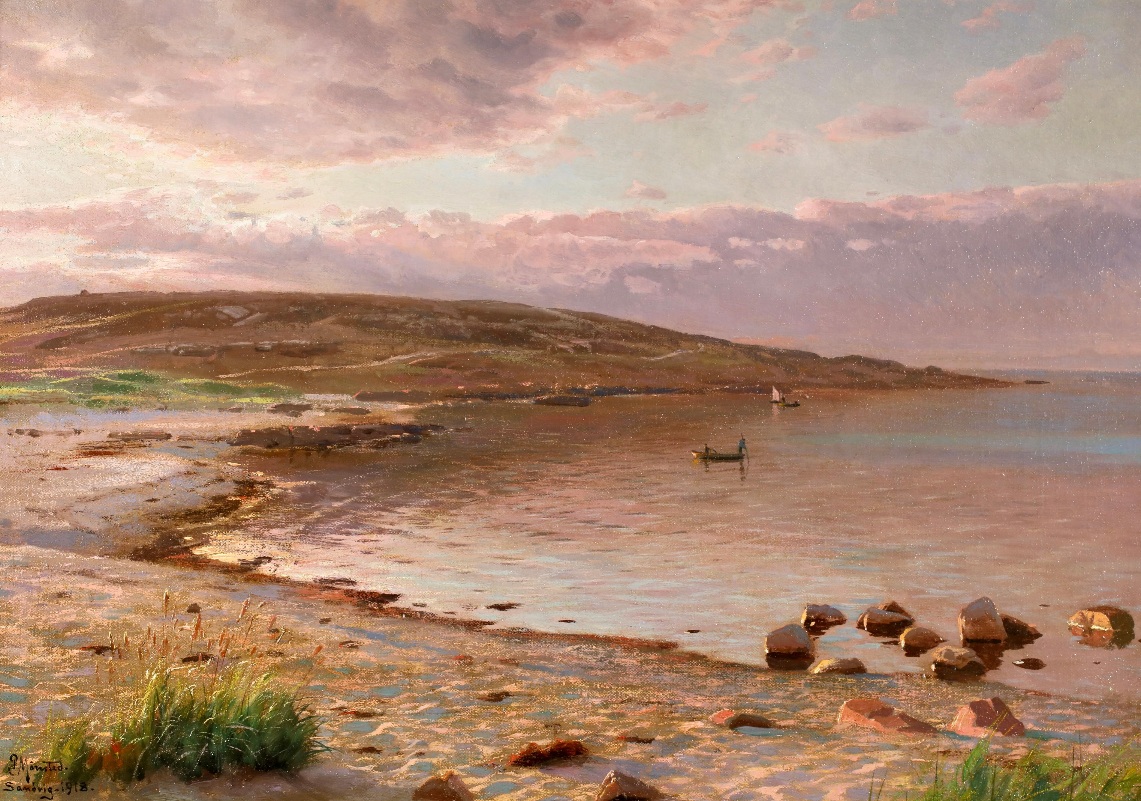 Sundown - Sandvig - 1918 - Realist Landscape Oil Painting by Peder Mork Monsted - Brown Figurative Painting by Peder Mørk Mønsted