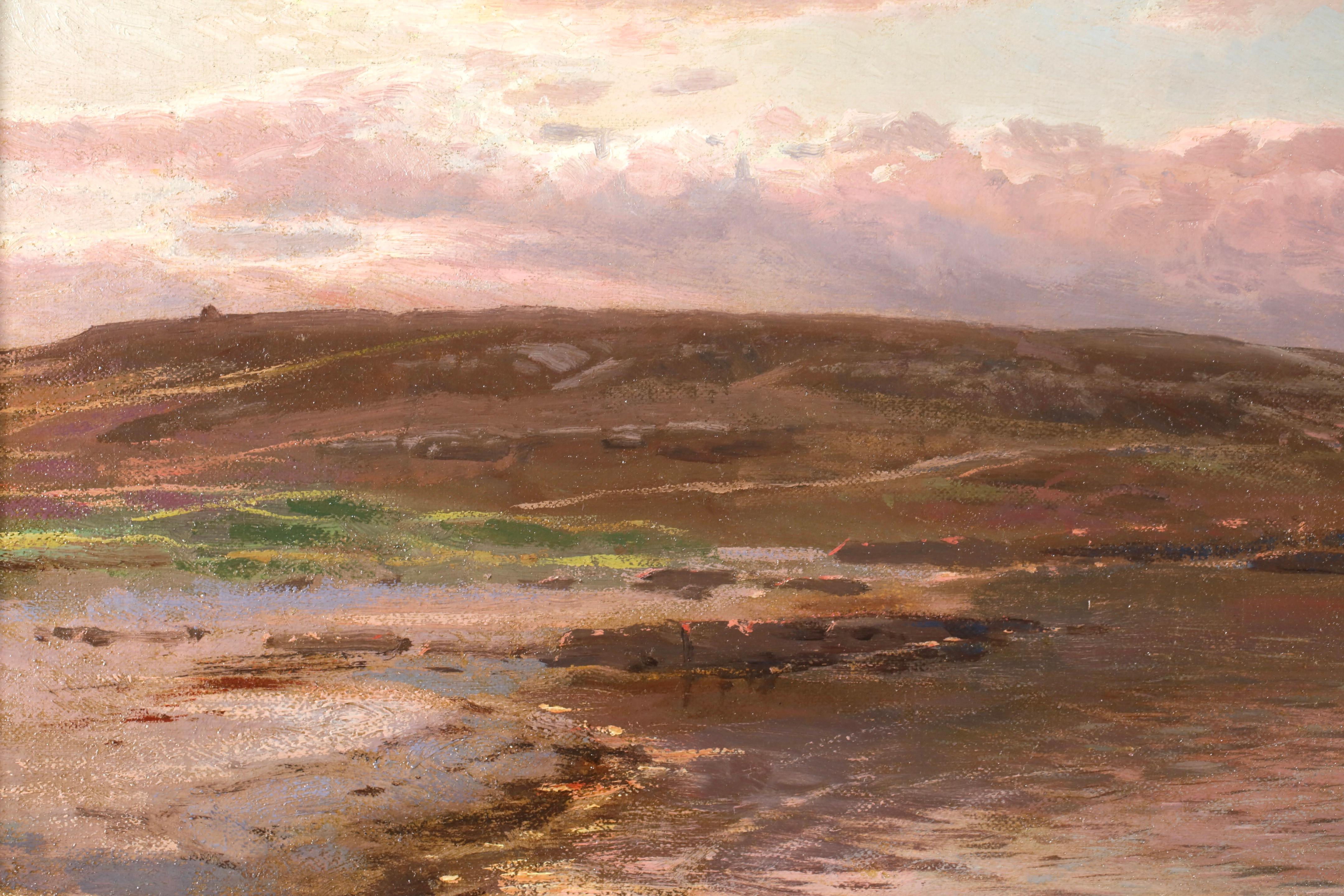 Signed, titled and dated oil on canvas landscape by Danish realist painter Peder Mork Monsted. This stunning piece depicts a beautiful view of the Sandvig Stand, the beach and coastline on the northernmost part of the town of Allinge-Sandvig which