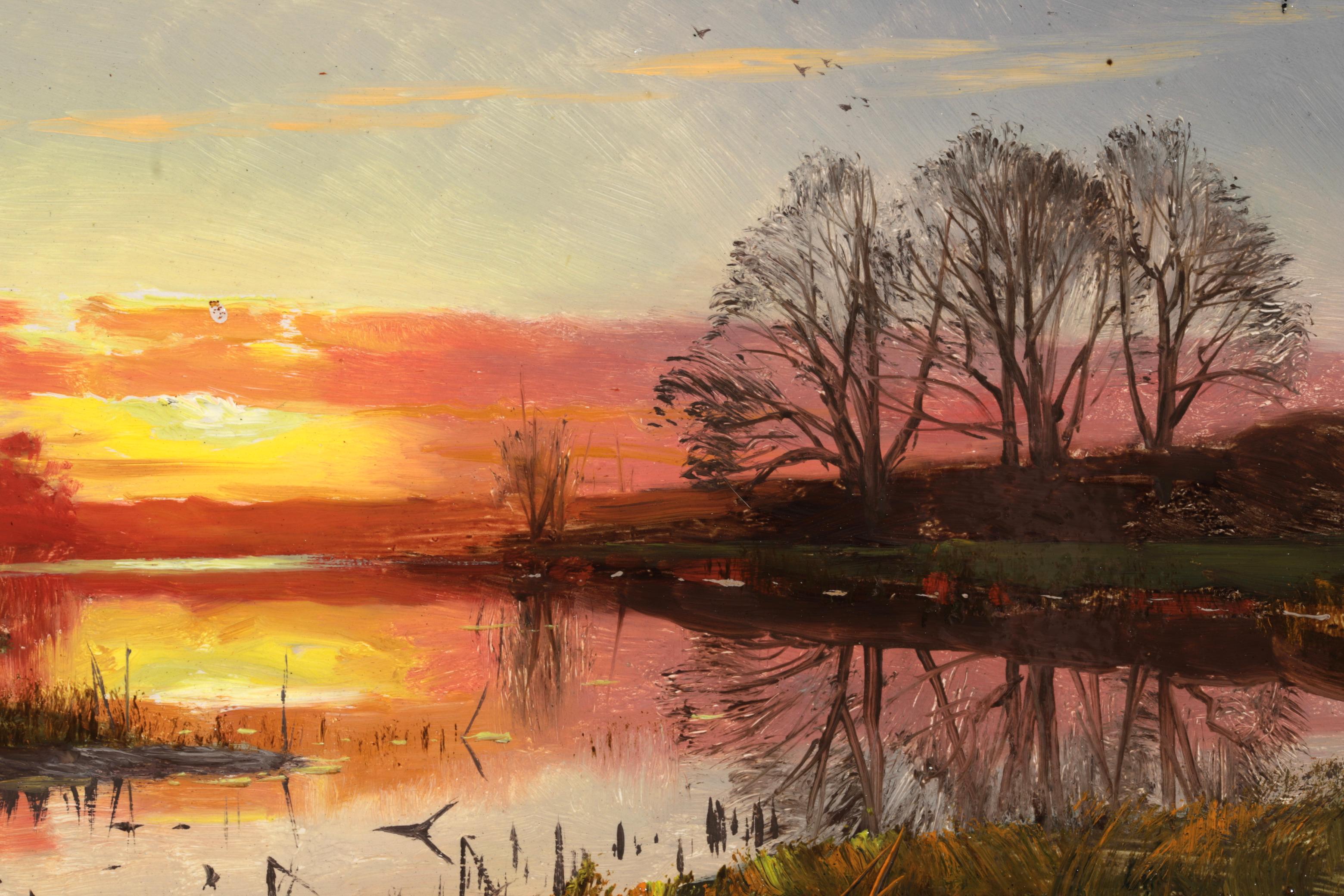 Tramonto a Susåen - Næsbyholm - Paesaggio realista dipinto a olio da Peder Monsted - Painting Realismo di Peder Mørk Mønsted