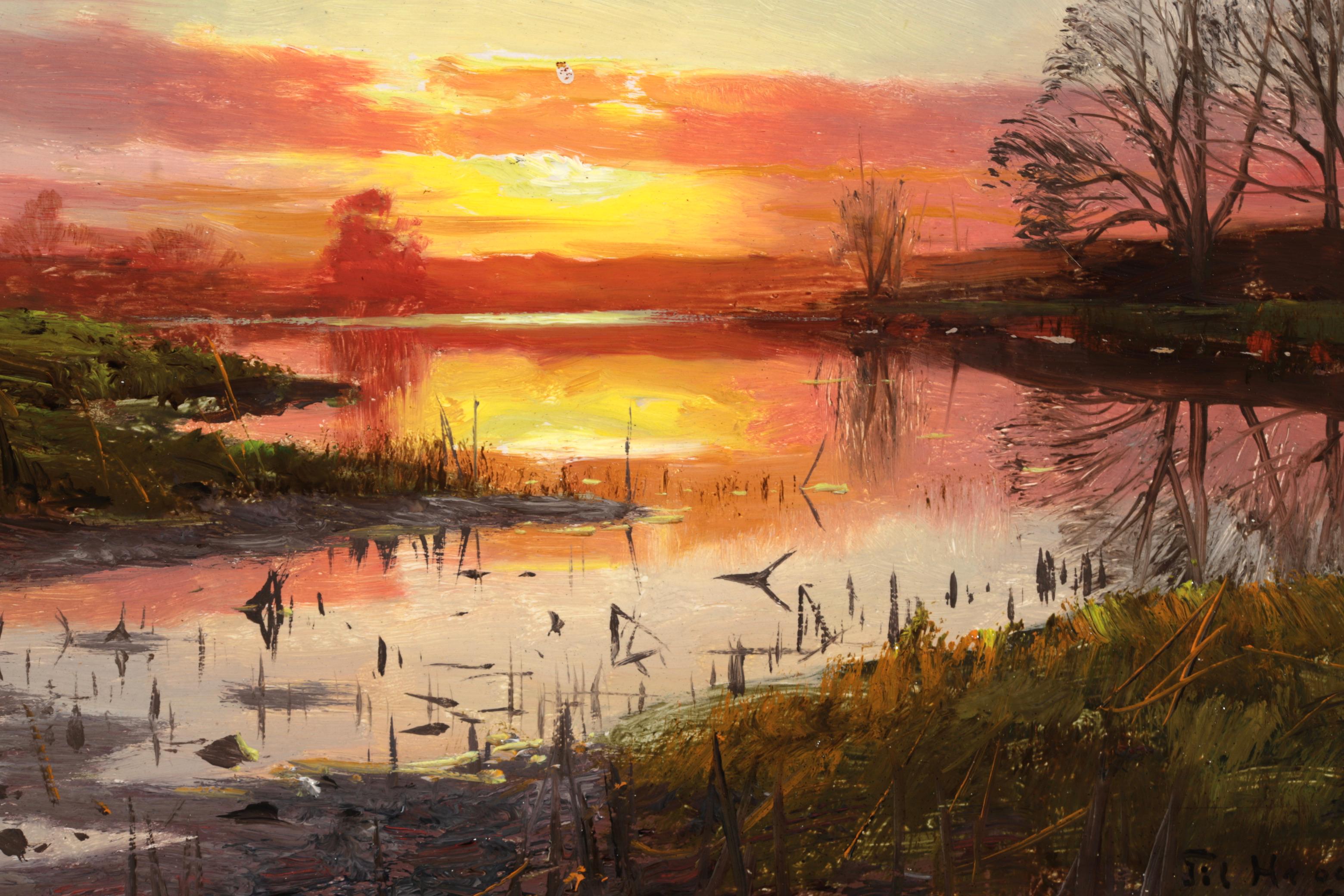 Tramonto a Susåen - Næsbyholm - Paesaggio realista dipinto a olio da Peder Monsted 1