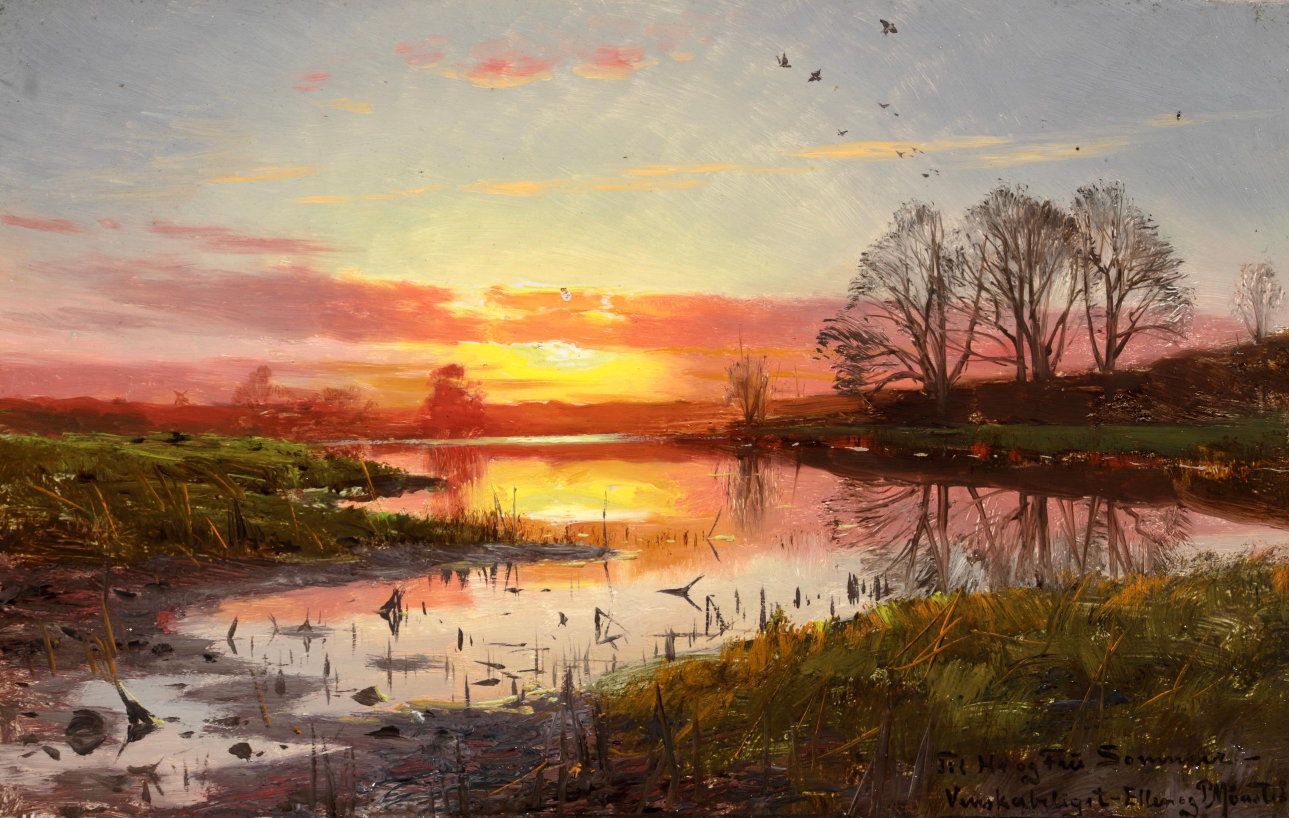 Tramonto a Susåen - Næsbyholm - Paesaggio realista dipinto a olio da Peder Monsted - Painting di Peder Mørk Mønsted