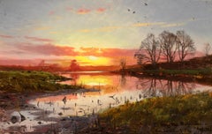 Sonnenuntergang auf Susåen - Næsbyholm - Realistische Landschaft Ölgemälde von Peder Monsted