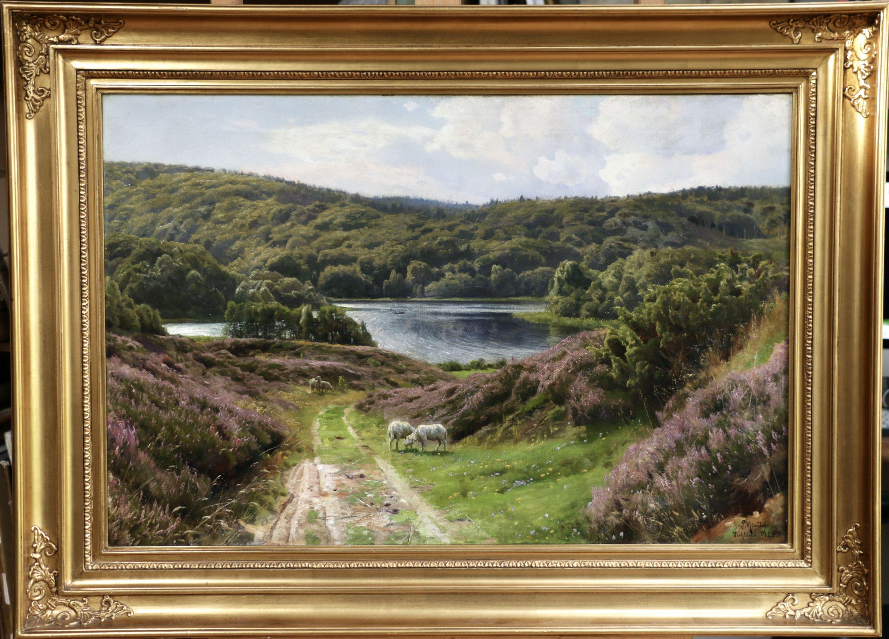 Virklund - East Jutland - 19th Century Oil, Sheep & Lake in Landscape by Monsted - Painting by Peder Mørk Mønsted